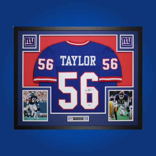 Autographed New York Giants custom jersey by Lawrence Taylor with Certificate of Authenticity.