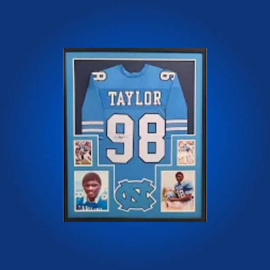 Lawrence Taylor Signed Full Framed Custom North Carolina Tar Heels Jersey – autographed memorabilia, legendary linebacker collectible, essential for Tar Heels fans.