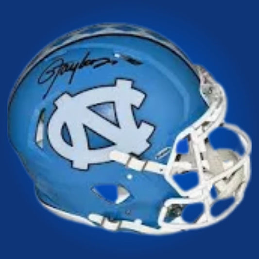 Autographed North Carolina Tar Heels full size Authentic Helmet signed by Lawrence Taylor, displayed on a white background. SportsMarkets memorabilia product photo.
