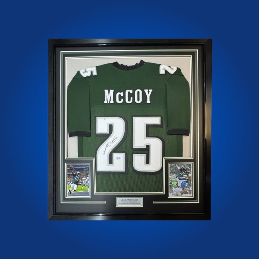 Signed Philadelphia Eagles jersey by star running back LeSean McCoy. Custom framed and authenticated, an exciting collectible for Eagles enthusiasts.