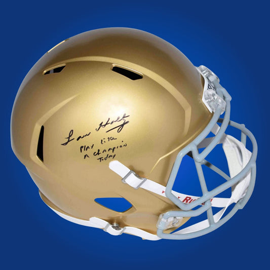 Autographed Notre Dame Fighting Irish full size replica helmet signed by Lou Holtz, featured on a white background. SportsMarkets collectible product photo.