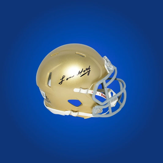 Lou Holtz signed Notre Dame Fighting Irish mini helmet—coaching memorabilia for Notre Dame enthusiasts and collectors.