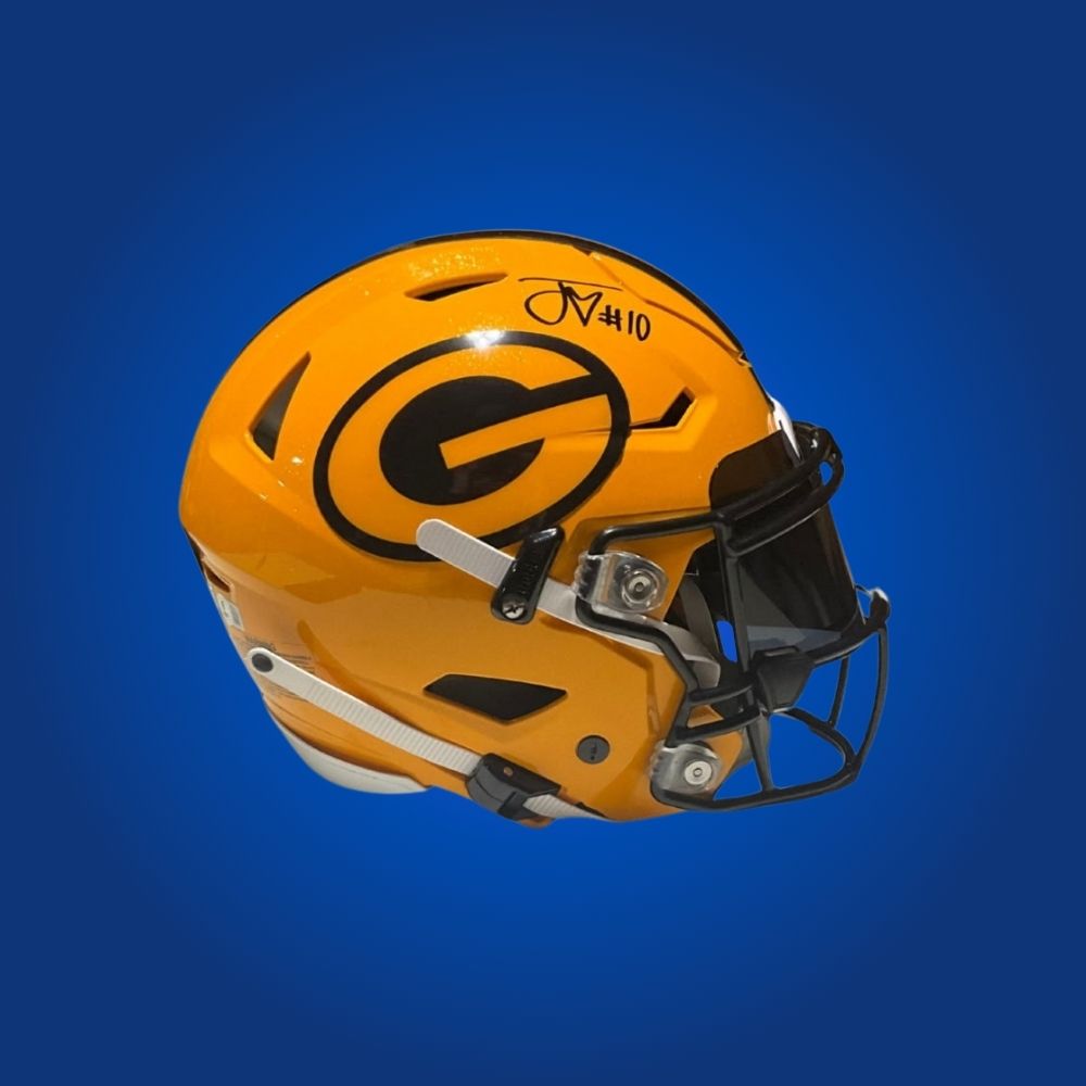 Yellow football helmet with black 'G' logo on a blue background