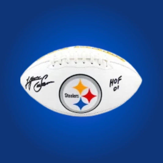 Lynn Swann autographed Steelers logo football, signature and Hall of Fame receiver’s logo shown.
