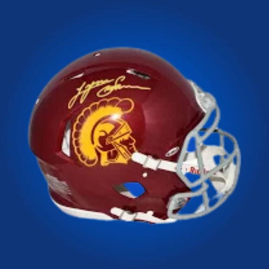 Autographed full size Authentic Helmet by Lynn Swann, legendary USC Trojans wide receiver and Hall of Famer, showcased against a clean white background. Ideal for USC fans and serious memorabilia collectors. SportsMarkets product photo.