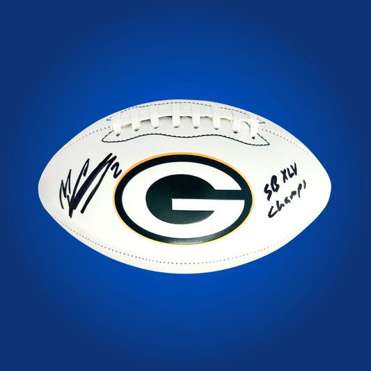 Mason Crosby signed Green Bay Packers embroidered NFL football with white panels and logo, includes Certificate of Authenticity
