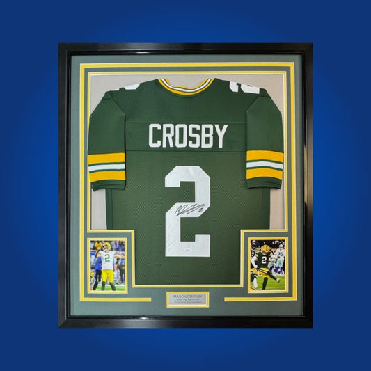 Custom framed display featuring Mason Crosby's signature and action photos, celebrating his legacy with the Green Bay Packers and highlighting his clutch field goals and playoff kicks.
