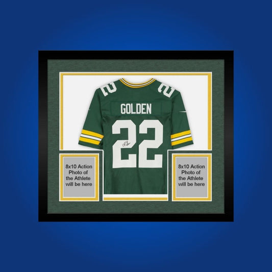 Framed custom Packers jersey signed by Matthew Golden, accompanied by two framed photos and COA.