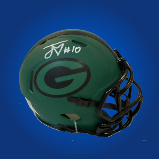 Signed Riddell 2025 RAVE Speed mini helmet by Green Bay Packers quarterback Jordan Love, includes COA authentication.