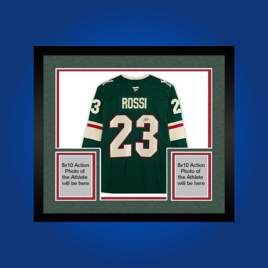 Marco Rossi’s full framed Minnesota Wild white jersey, personally autographed, is a valuable addition for collectors, commemorating the young forward’s skill and potential with the Wild.