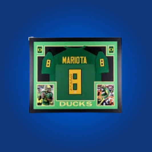Marcus Mariota Signed Full Framed Custom Oregon Ducks Jersey – autographed memorabilia, Heisman-winning quarterback collectible, must-have for Oregon supporters.