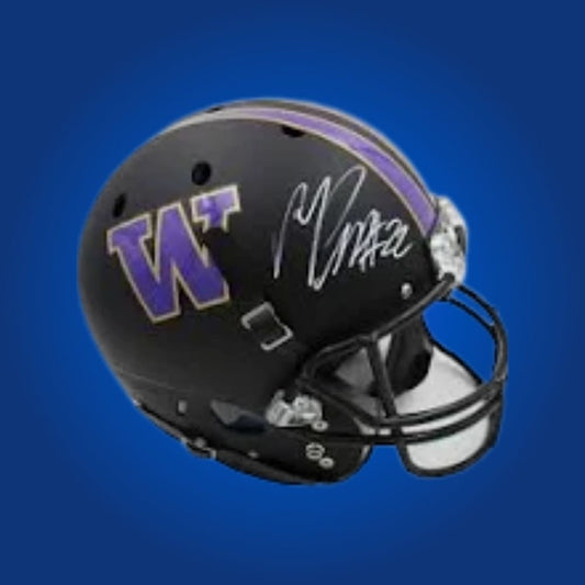 Autographed full size replica helmet by Marcus Peters, star Washington Huskies defensive back and NFL standout, displayed on a crisp white backdrop for premium presentation. A great addition for fans and sports collectors. SportsMarkets memorabilia photo.