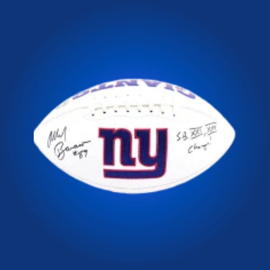 Giants logo football signed by Mark Bavaro, with autograph and logo on prominent display.