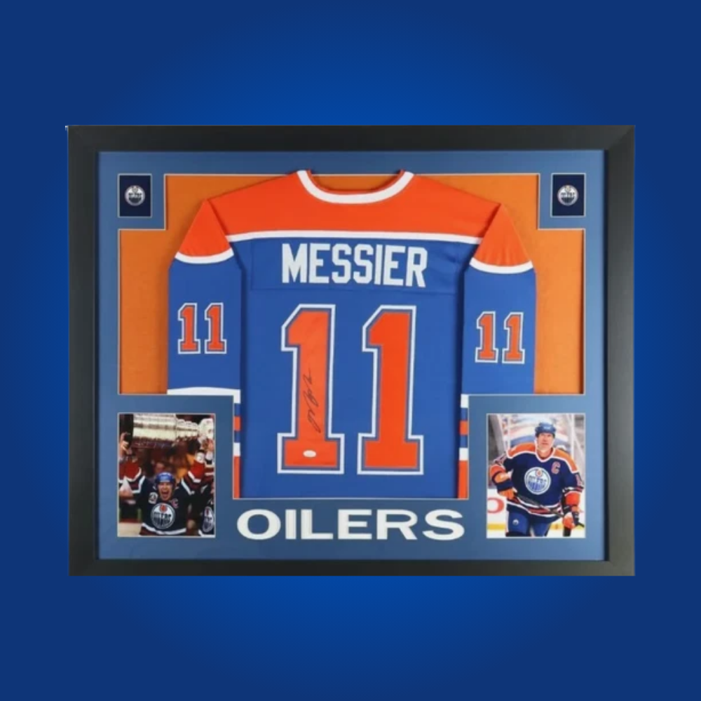 Mark Messier’s full framed Edmonton Oilers blue jersey, signed and authenticated, honors the Hall of Fame captain’s leadership and championship legacy with the Oilers.