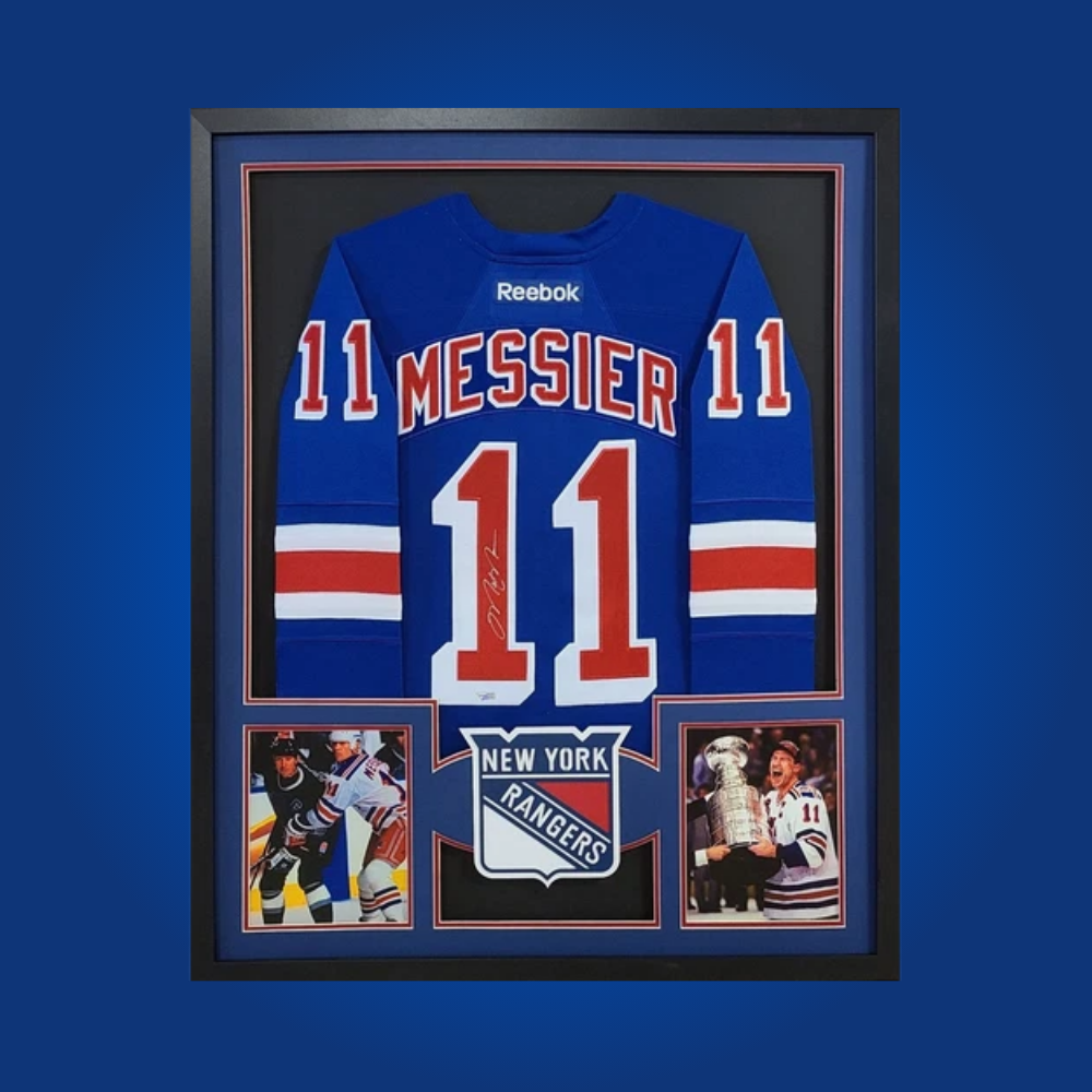 Mark Messier’s autographed full framed New York Rangers blue jersey is an essential collectible for fans, celebrating the captain’s leadership and unforgettable 1994 Stanley Cup triumph.