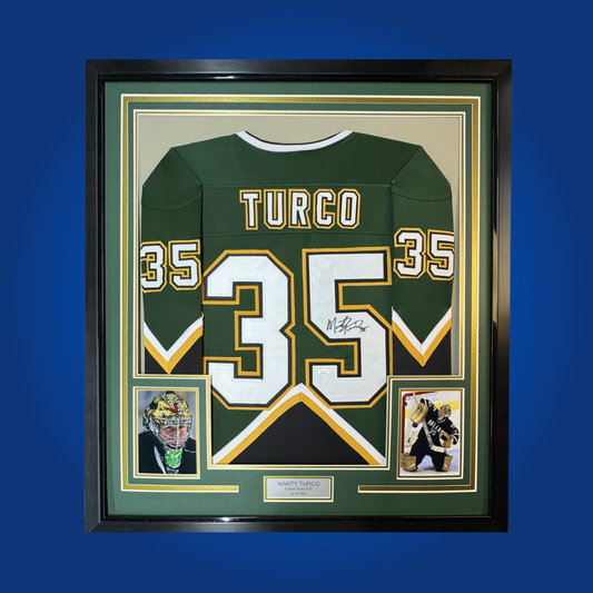 Marty Turco’s autographed full framed Dallas Stars green jersey celebrates the achievements of this standout goaltender, perfect for collectors highlighting Dallas hockey history.
