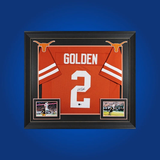 Matthew Golden Signed Full Framed Custom Texas Longhorns Jersey – autographed memorabilia, standout wide receiver collectible, a highlight for Texas supporters.