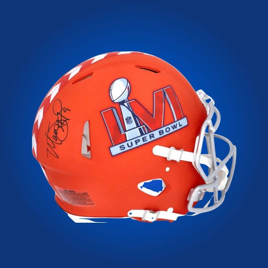 Matthew Stafford hand-signed Los Angeles Rams Super Bowl authentic helmet, showcasing signature and official team graphics. A unique collectible for Rams fans and Stafford memorabilia collectors. Includes Certificate of Authenticity. Images may differ for catalog uniformity.
