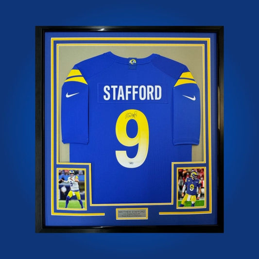 Framed Los Angeles Rams jersey signed by Matthew Stafford with action photos and Certificate of Authenticity