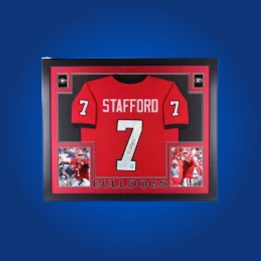 Matthew Stafford Signed Full Framed Custom Georgia Bulldogs Jersey – autographed memorabilia, NFL quarterback collectible, perfect for dedicated Bulldogs fans.