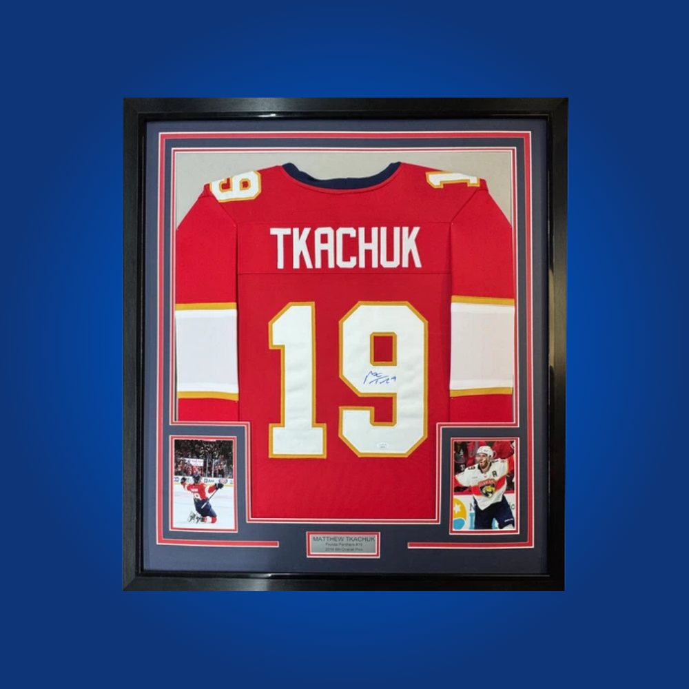 Matthew Tkachuk’s signed full framed Florida Panthers red jersey showcases the star’s dynamic play and is a must-have collectible for those following the new era of Panthers hockey.