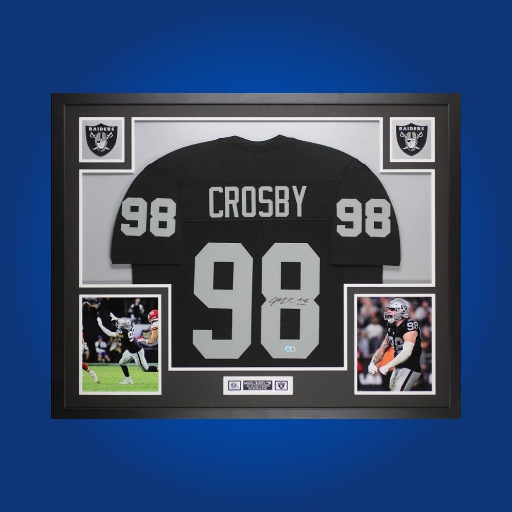 Framed Las Vegas Raiders jersey signed by Maxx Crosby with Certificate of Authenticity.