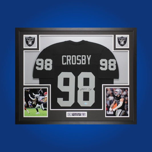 Framed Las Vegas Raiders jersey signed by Maxx Crosby with Certificate of Authenticity.