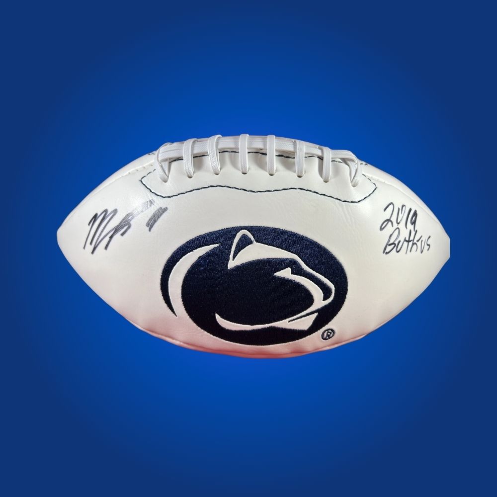 Autographed full size replica football by Micah Parsons, featuring Penn State Nittany Lions white logo. Certified authentic, a prized item for Penn State fans and collectors. Includes Certificate of Authenticity. Please note: football details may differ for catalog consistency.