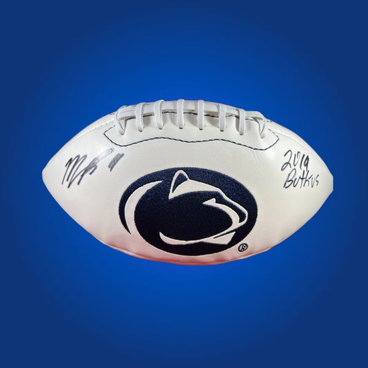 Autographed full size replica football by Micah Parsons, featuring Penn State Nittany Lions white logo. Certified authentic, a prized item for Penn State fans and collectors. Includes Certificate of Authenticity. Please note: football details may differ for catalog consistency.