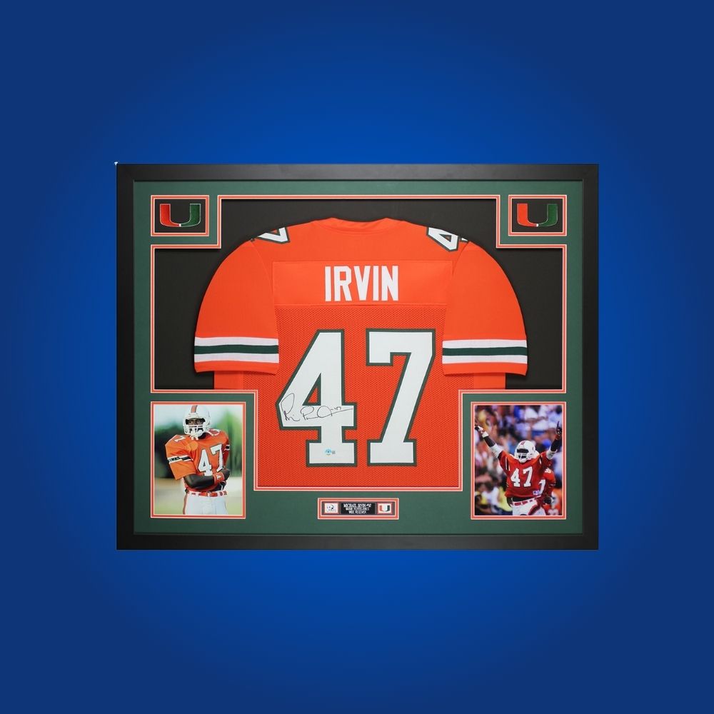 Michael Irvin Signed Full Framed Custom Miami Hurricanes Jersey – autographed memorabilia, legendary receiver collectible, perfect for Hurricanes supporters.