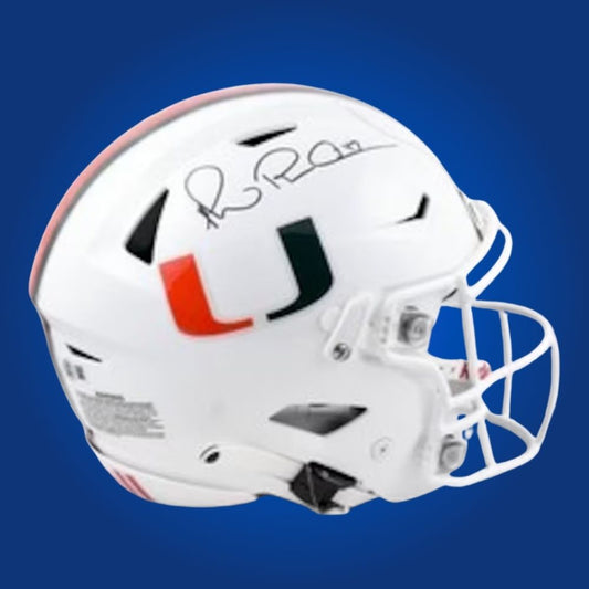 Autographed Miami Hurricanes full size Authentic Helmet signed by Michael Irvin, displayed on a white background. SportsMarkets exclusive product image.