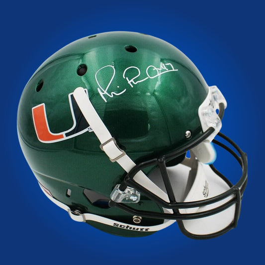 Autographed Miami Hurricanes full size replica helmet signed by Michael Irvin, displayed on a white background. SportsMarkets exclusive product image.