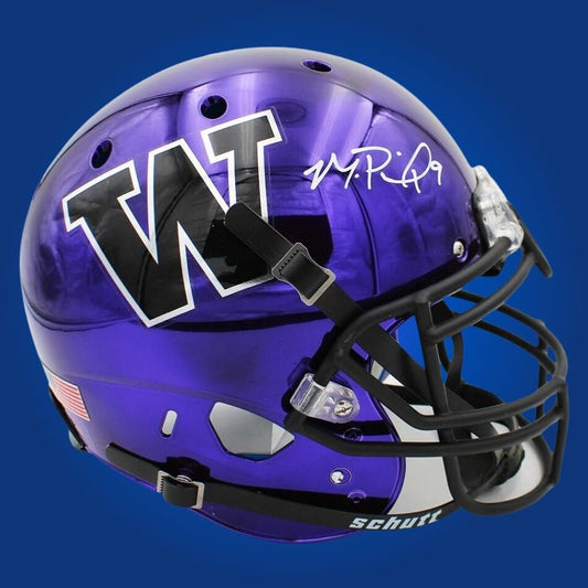 Autographed full size Authentic Helmet by Michael Penix Jr., Washington Huskies star quarterback and Heisman finalist, showcased against a pristine white background. An exceptional collectible for Huskies fans and football memorabilia enthusiasts. SportsMarkets product photo.