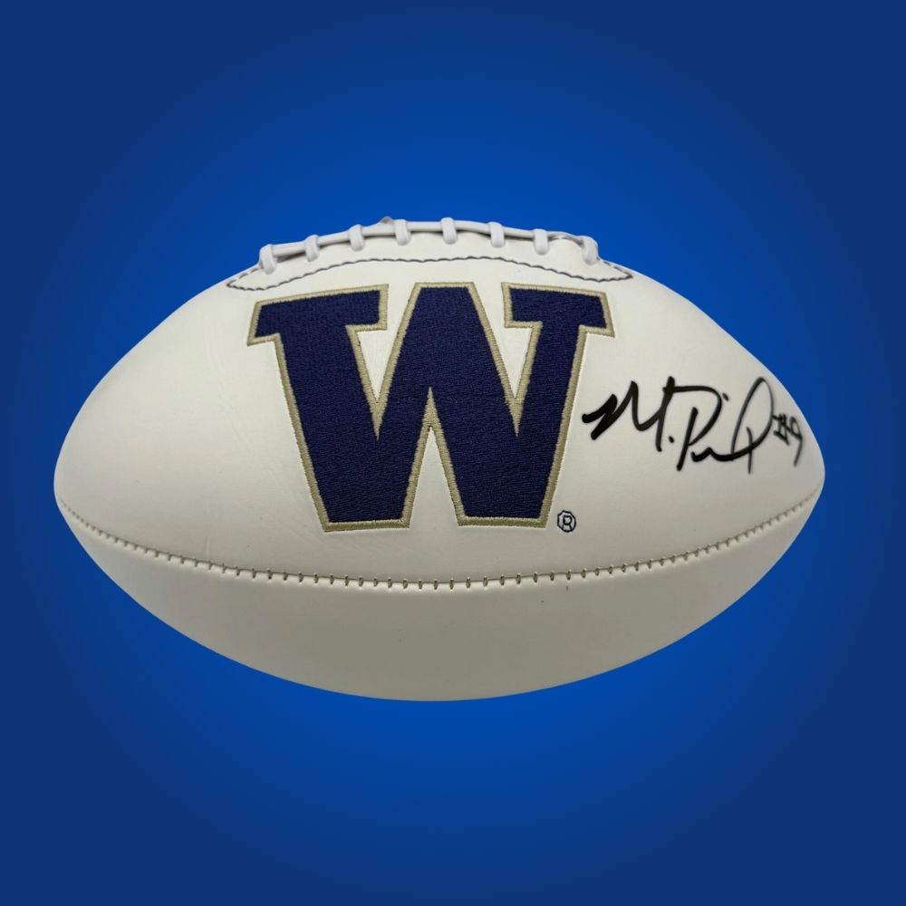 Autographed full size replica football by Michael Penix Jr., featuring Washington Huskies white logo. Certified authentic, a must-have for Washington Huskies fans and collectors. Certificate of Authenticity included. Ball details may vary for catalog consistency.