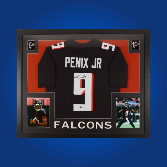 Framed Atlanta Falcons jersey signed by Michael Penix with action photos and Certificate of Authenticity