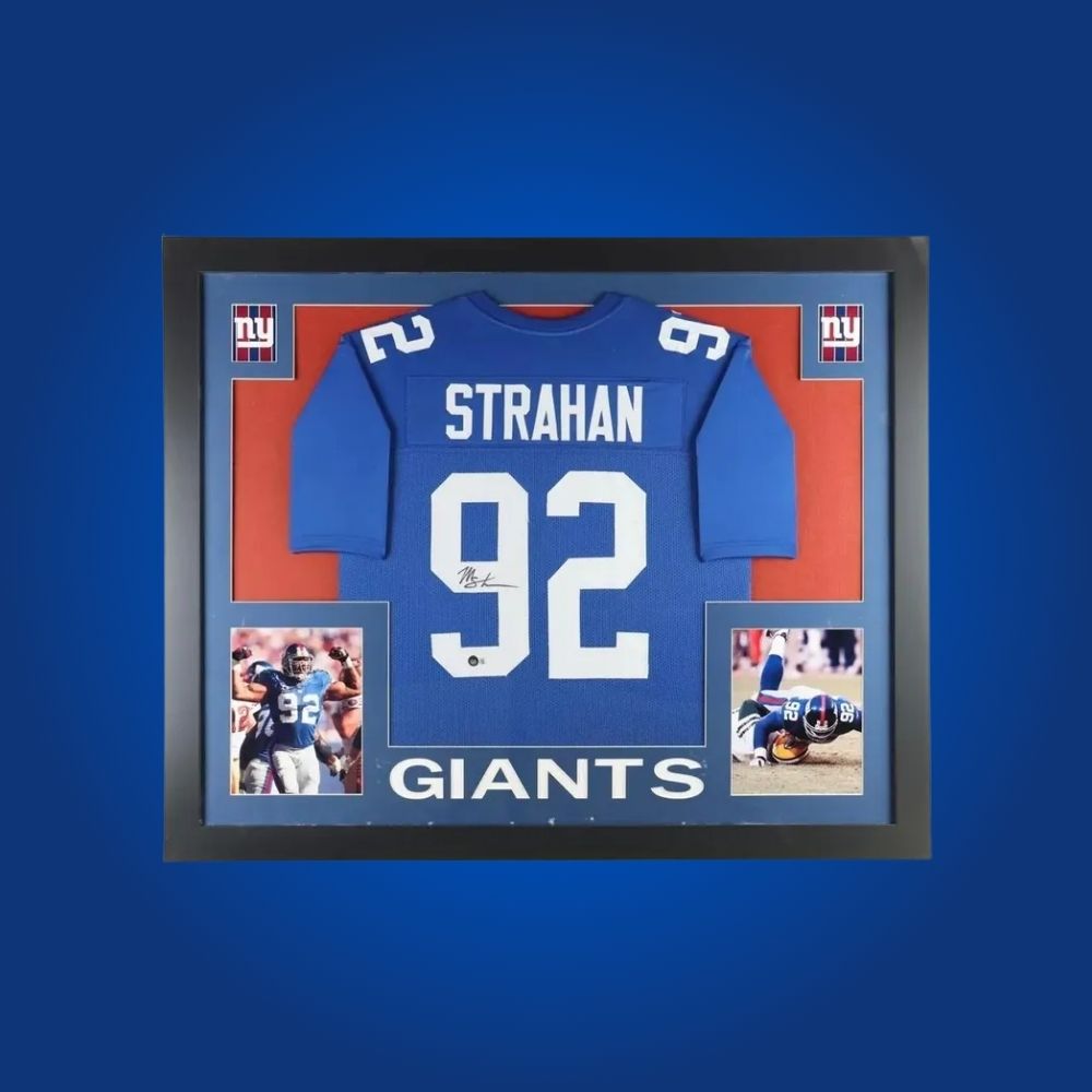 Autographed New York Giants custom jersey by Michael Strahan with Certificate of Authenticity.