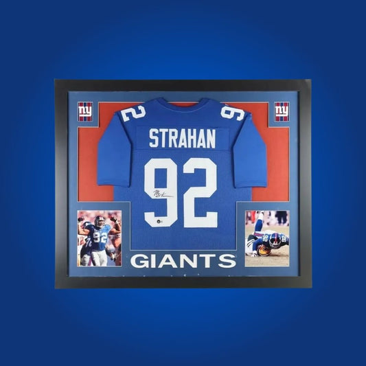 Autographed New York Giants custom jersey by Michael Strahan with Certificate of Authenticity.