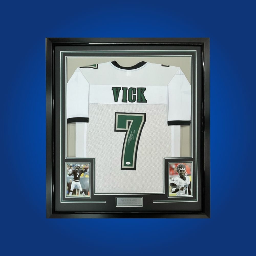 Signed Philadelphia Eagles jersey by electric quarterback Michael Vick. Custom framed, certified authentic, a must-have for Eagles fans.