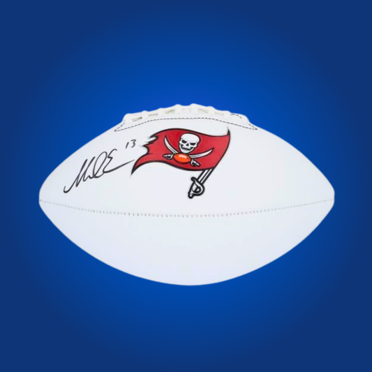 Mike Evans signed Tampa Bay Buccaneers logo football, featuring his authentic signature, great for Buccaneers memorabilia.