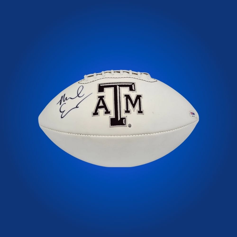 Autographed full size replica football by Mike Evans, featuring Texas A&M Aggies white logo. Certified authentic, a prized addition for Texas A&M supporters and memorabilia enthusiasts. Certificate of Authenticity included. Ball details may vary for catalog consistency.