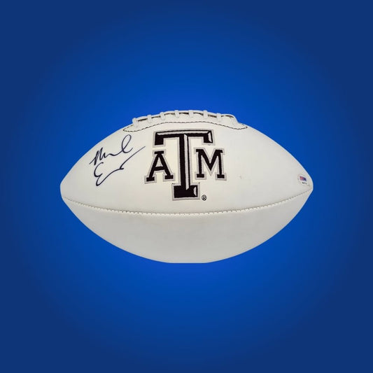 Autographed full size replica football by Mike Evans, featuring Texas A&M Aggies white logo. Certified authentic, a prized addition for Texas A&M supporters and memorabilia enthusiasts. Certificate of Authenticity included. Ball details may vary for catalog consistency.