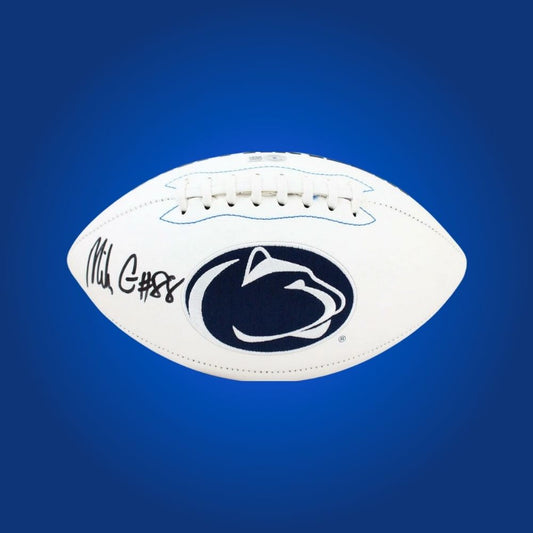 Autographed full size replica football by Mike Gesicki, featuring Penn State Nittany Lions white logo. Certified authentic, an excellent collectible for Nittany Lions fans and memorabilia enthusiasts. Certificate of Authenticity included. Ball details may differ for catalog consistency.