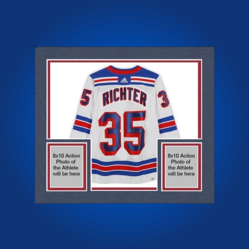 Mike Richter’s full framed New York Rangers white jersey, signed, pays tribute to the star goalie’s pivotal role in bringing the Stanley Cup back to New York.