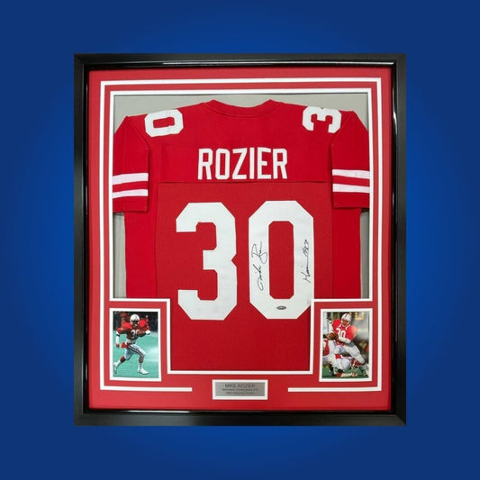 Mike Rozier Signed Full Framed Custom Wisconsin Badgers Jersey – autographed memorabilia, Heisman-winning running back collectible, perfect for Wisconsin enthusiasts.