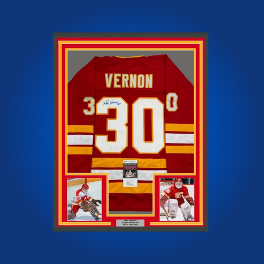 Mike Vernon’s signed and framed Calgary Flames red jersey is an excellent addition for collectors, commemorating the goaltender’s pivotal role in the team’s history.