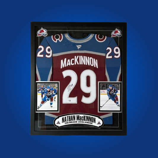 Nathan MacKinnon’s full framed Colorado Avalanche burgundy jersey, hand-signed, is a prized collectible for fans, capturing the dynamism and leadership of a modern NHL superstar.