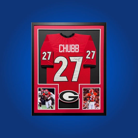 Nick Chubb Signed Full Framed Custom Georgia Bulldogs Jersey – autographed memorabilia, star running back collectible, essential for Georgia Bulldogs enthusiasts.