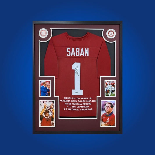 Nick Saben Signed Full Framed Custom Alabama Crimson Tide Jersey – autographed memorabilia, legendary coach collectible, celebrate Alabama’s dynasty.