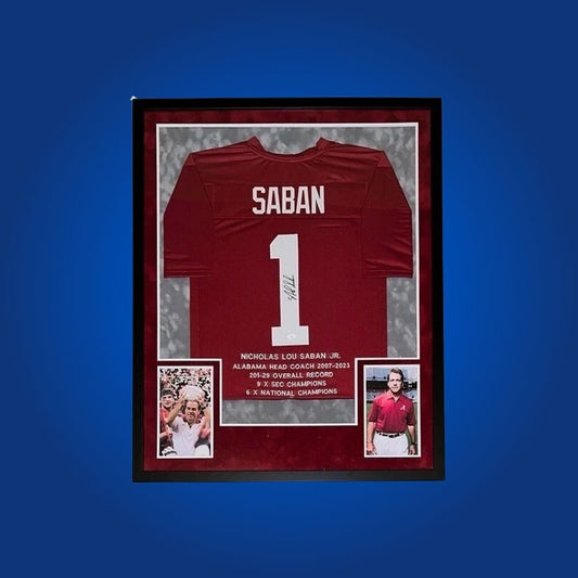 Nick Saben Signed Full Framed Custom Alabama Crimson Tide Jersey – autographed memorabilia, legendary coach collectible, celebrate Alabama’s dynasty.