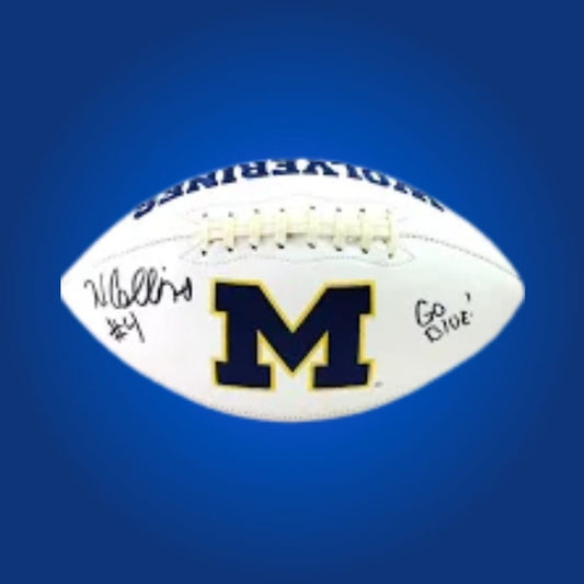 Nico Collins autographed Michigan Wolverines white logo football, excellent collectible for Michigan fans and memorabilia collectors.